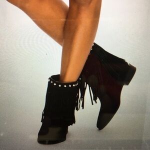 Michael Kors Billy Black Fringed Ankle Boots With Studs Size 6.5